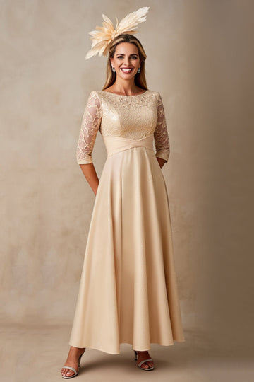 Champagne Chiffon A Line Applique Long Mother of the Bride Dress with 3/4 Sleeves